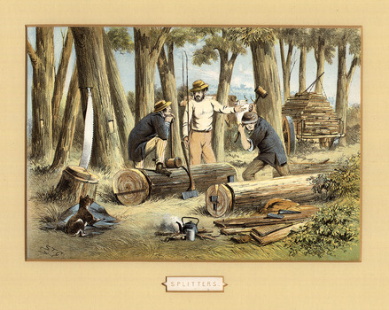 A digital copy of a watercolour painting depicting timber splitters splitting timber in a forest.