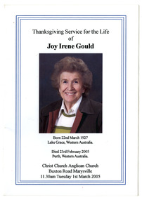 A copy of the order of service booklet from the funeral service of Joy Irene Gould that was held in Marysville on March 1st 2005.