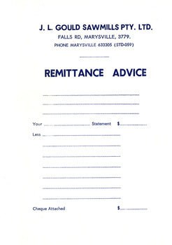 A blank remittance advice form from J.L. Gould Sawmills Pty. Ltd.