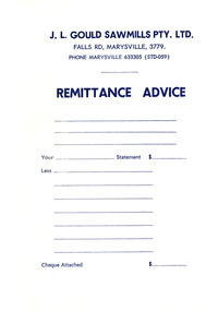 A blank remittance advice form from J.L. Gould Sawmills Pty. Ltd.