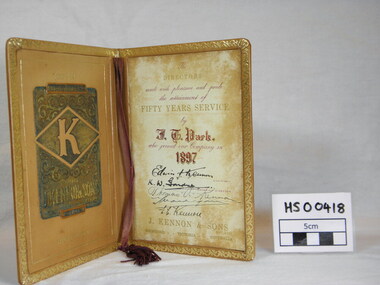 Service Award, J. Kennon & Sons Pty Ltd, Kennon Tannery 50 Year Service Award to J.T.Park, c. 1897