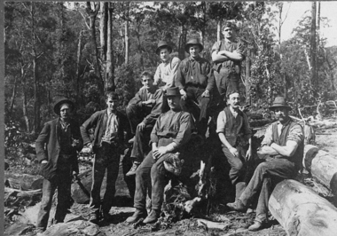 Negative Photographic Reproduction, Workmen at E. Lloyds mill, Hoddles Creek, 14.2.1983