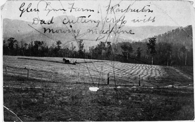 Negative Photographic Reproduction, Glen Lynn Farm, Dad cutting crop with mowing machine, Warburton, 14.9.1983