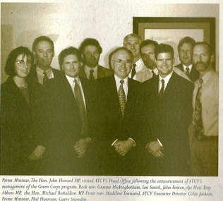 Photograph: Prime Minister John Howard visits ATCV head office in Ballarat in 1997 after ATCV wins Green Corps contract, Prime Minister John Howard visits ATCV head office in Ballarat in 1997 after ATCV wins Green Corps contract, 1997