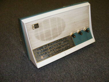 Front view of green and white radio set