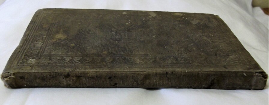 Spine and front cover. Spine has tearing and stains from use. 