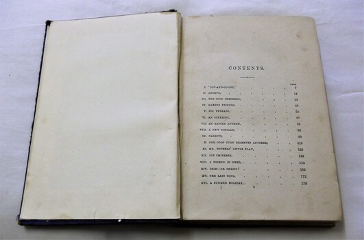 Table of contents outlining 16 chapter in black ink on white paper.
