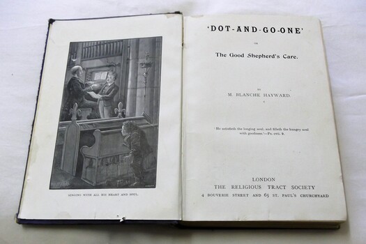 Left - black and white picture of people sing in church pew - Title Author Publisher and bible scripture in printed ink