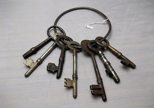 Seven metals keys of various shapes on a ring