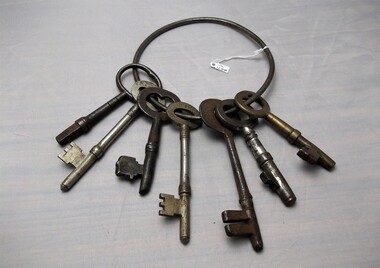 Seven metals keys of various shapes on a ring