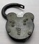 Back view of padlock with 12 bolts and open hinge clasp