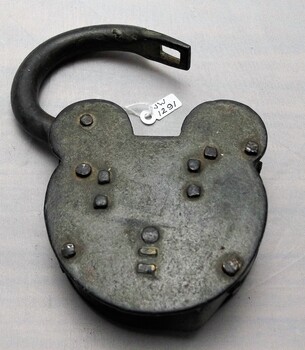 Back view of padlock with 12 bolts and open hinge clasp