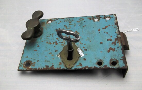Door lock painted in blue enamel lock and key 