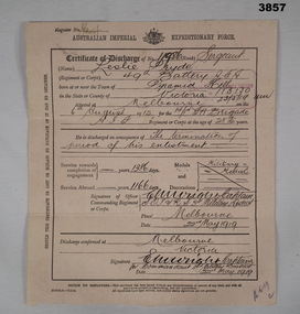 Discharge certificate of a MM winner WW1.