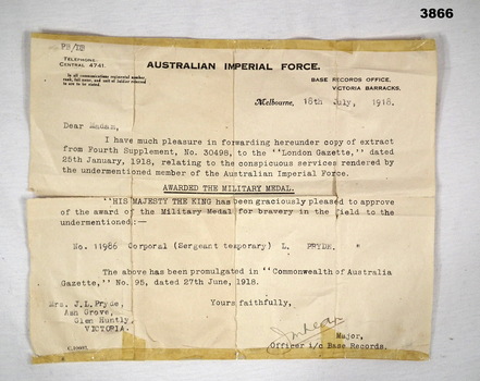 Paper award re the Military medal WW1.