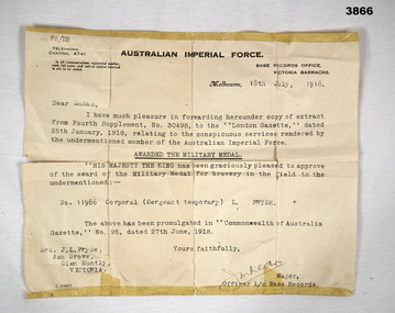 Paper award re the Military medal WW1.