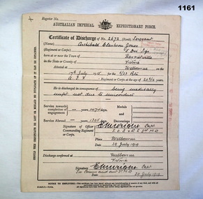 Certificate of discharge WW1 soldier