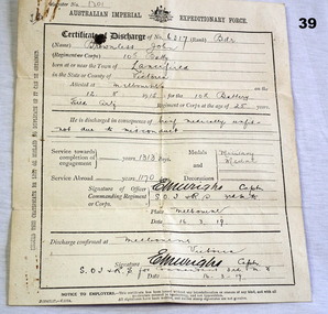 Certificate of discharge of an AIF soldier