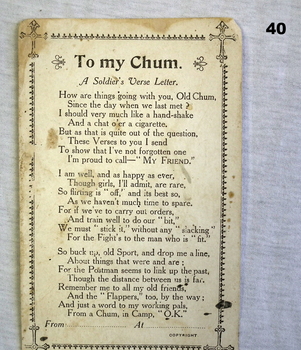 Postcard poem titled “To my Chum” WW1