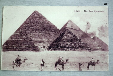Postcard photo with the pyramids and camels