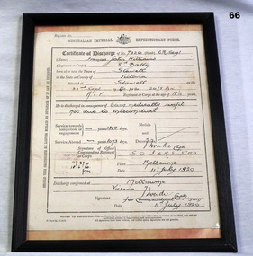 Framed Discharge  certificate AIF WW1