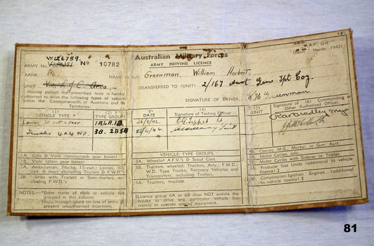 Australian Military Forces Drivers licence WW2