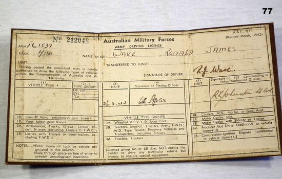 Military Drivers Licence AIF WW2