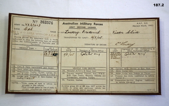 Military drivers licence AIF WW2