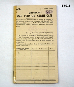 War pension certificate for service personnel