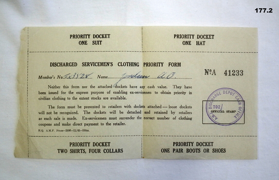 Docket for clothing issue servicemen WW2