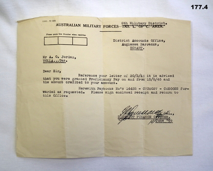 Letter regarding proficiency pay WW2