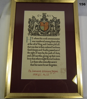 Memorial scroll given to the Next of kin