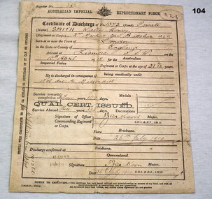 Certificate of discharge of an AIF Soldier WW1
