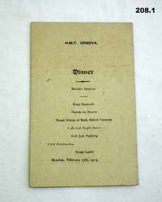 Dinner menu on HMT Orsova WW1