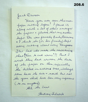 Hand written letter to an AIF Soldier