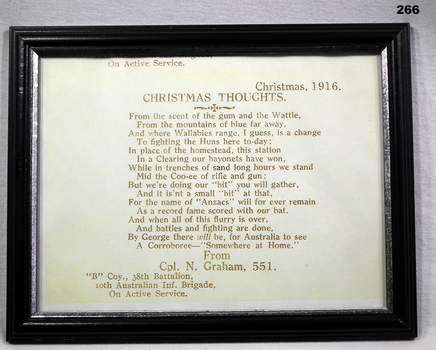 Framed Xmas thoughts poem 1916