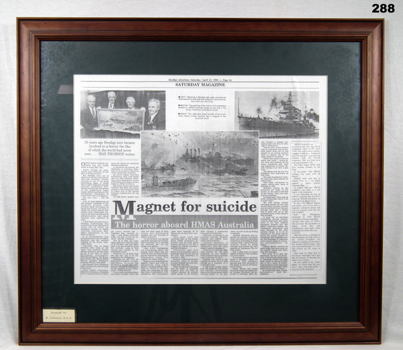 Framed newspaper cutting re HMAS Australia WW2