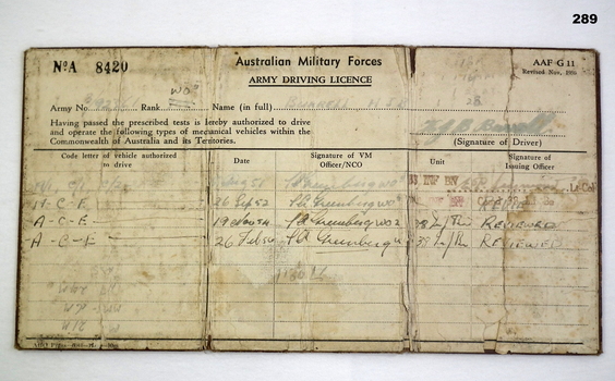 Military drivers licence AIF WW2