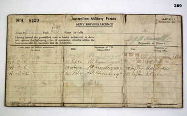 Military drivers licence AIF WW2