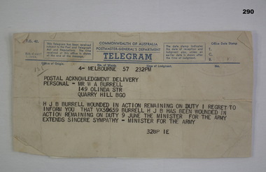 Telegram informing of a soldier WIA WW2