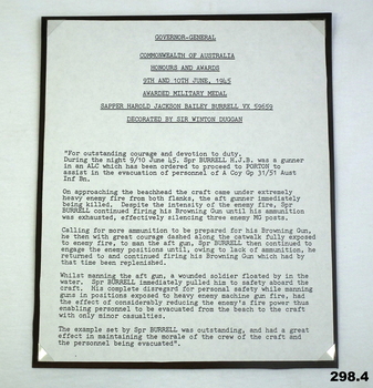 Citation for the award of the Military medal