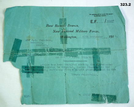 New Zealand document re wounded in action WW1