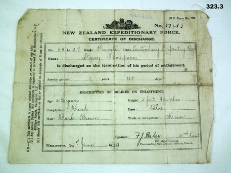 New Zealand document re discharge WW1