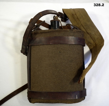 Enamel water bottle, cover and leather strap