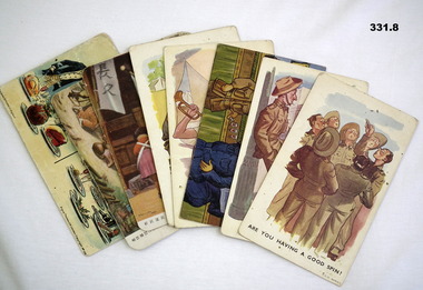 Series of 8 military depiction cartoon postcards.