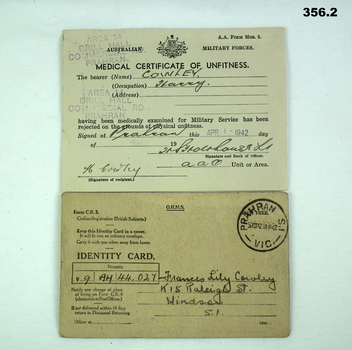 Medical and identification certificate cards WW2