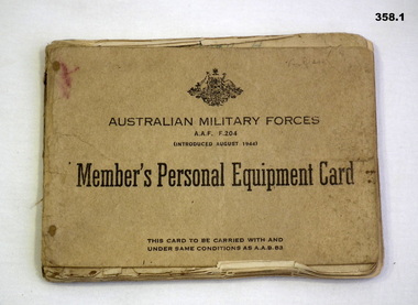 2nd AIF members personal equipment card