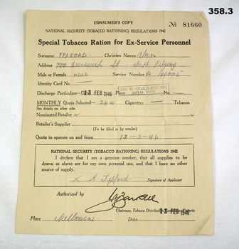 Tobacco ration card for ex service members