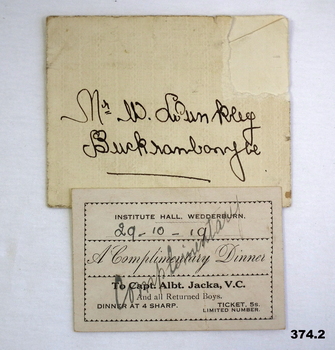 Invitation to a dinner for Albert Jacka VC