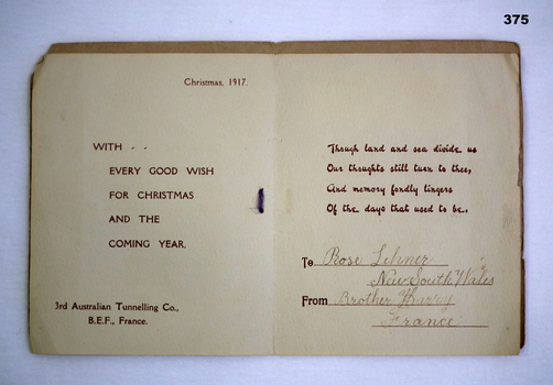 Xmas Card from the 3rd Australian Tunneling Coy.